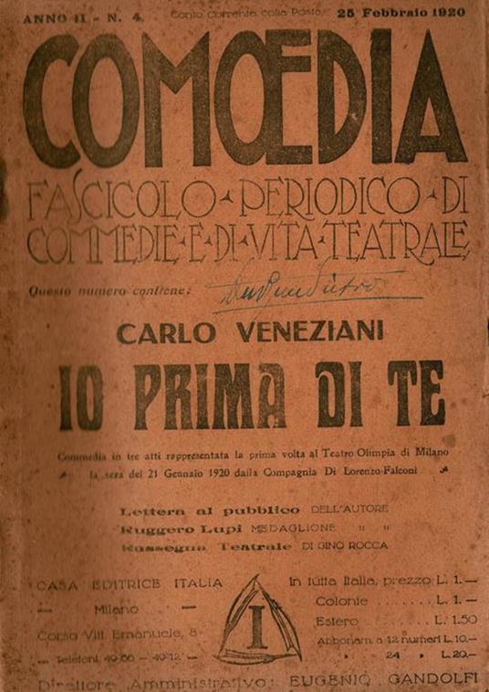 Io prima di te - Commedia in 3 atti - Carlo Veneziani - copertina