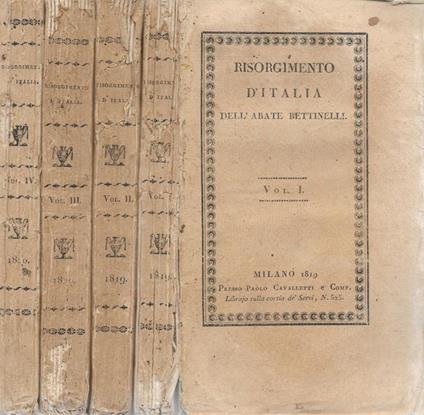 Del Risorgimento d'Italia negli studi, nelle arti e nei costumi dopo il Mille (4 Voll.) - Saverio Bettinelli - copertina