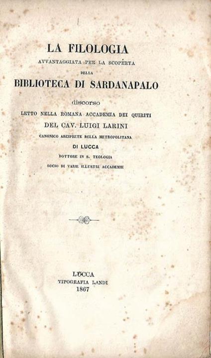 La filologia avvantaggiata per la scoperta della biblioteca di Sardanapalo - copertina