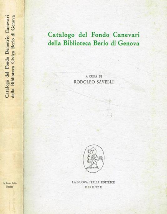 Catalogo del Fondo Canevari della Biblioteca Berio di Genova - Rodolfo Savelli - copertina