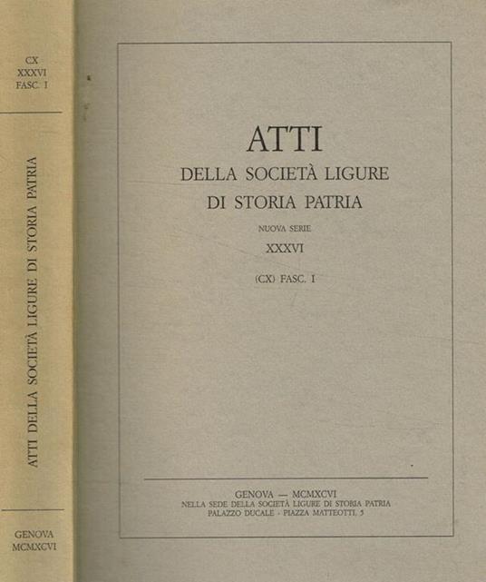 Atti della Società Ligure di Storia Patria. Nuova serie XXXVI (CX) Fasc.I - copertina