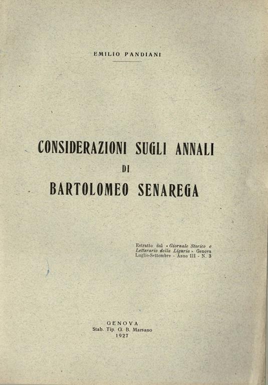 Considerazioni sugli annali di Bartolomeo Senarega - Emilio Pandiani - copertina