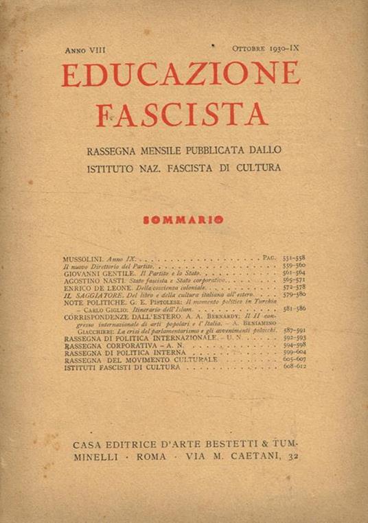 Educazione fascista. Rassegna mensile pubblicata dallo Istituto Naz.Fascista di Cultura. Anno VIII, n.X. Ottobre 1930-IX - copertina