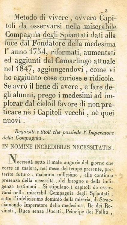 Metodo di vivere ovvero capitoli da osservarsi nella Miserabile Compagnia degli Spiantati dati alla luce dal Fondatore della medesima l'anno 1754, riformati, aumentati ed aggiunti dal Camarlingo attuale nel 1847 - copertina