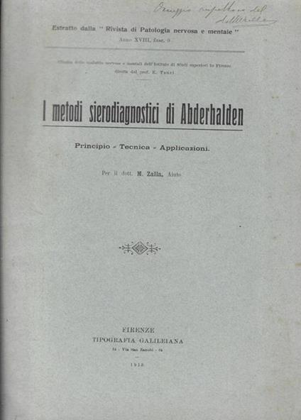 I metodi sierodiagnostici di Abderhalden. Principio-Tecnica-Applicazioni - copertina