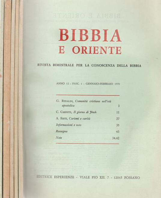 Bibbia e Oriente - Anno 12 - Gennaio-Dicembre - 1970. Rivista bimestrale per la conoscenza della Bibbia - copertina