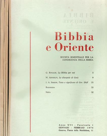 Bibbia e Oriente - Anno XVI - Gennaio-Dicembre - 1974. Rivista bimestrale per la conoscenza della Bibbia - copertina