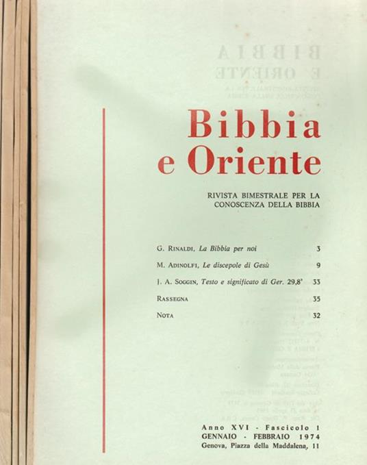 Bibbia e Oriente - Anno XVI - Gennaio-Dicembre - 1974. Rivista bimestrale per la conoscenza della Bibbia - copertina