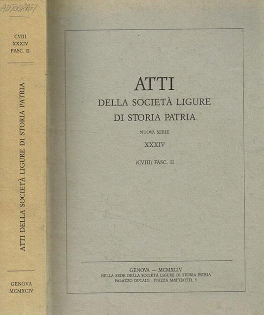 Atti della Società Ligure di Storia Patria. Nuova serie XXXIV (CVIII) fasc.II - copertina