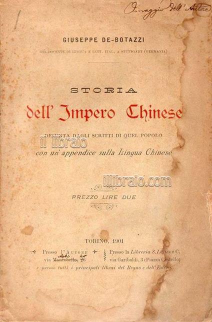 Storia dell'Impero Chinese desunta dagli scritti di quel popolo con un'appendice sulla lingua Chinese - G. Butazzi - copertina