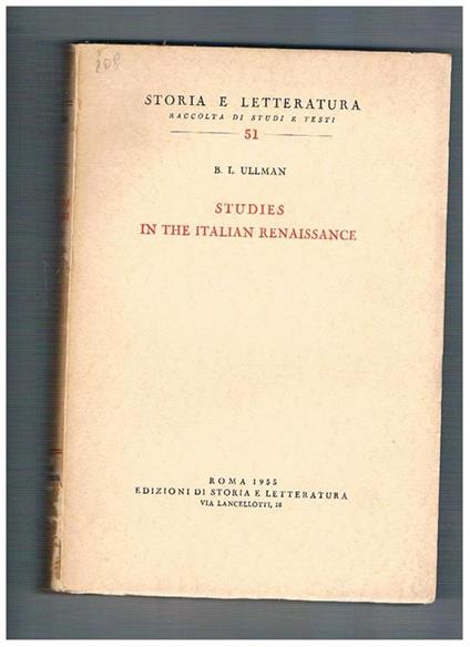 Studies in the italian renaissance - Berthold Louis Ullman - copertina