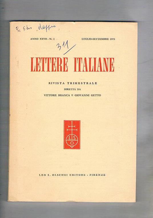 Lettere italiane, rivista trimestrale n° 3 lug-set. 1975.Machiavelli e la neutralità di Francesco Petrarca L'Orlando Furioso e la crisi del Rinascimento ecc - Vittore Branca - copertina