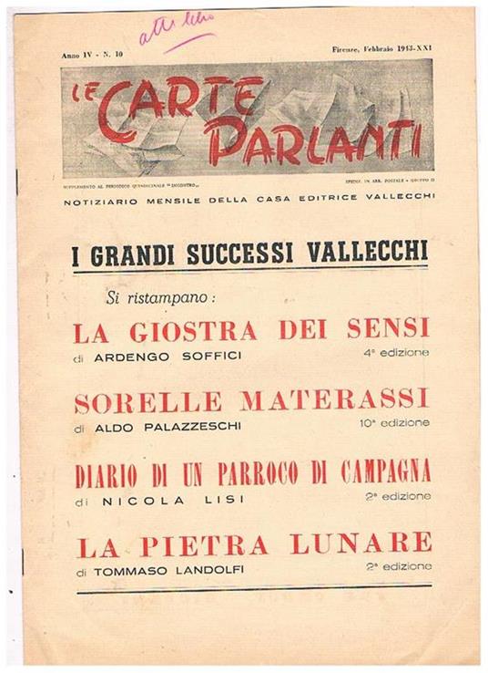 Le carte parlanti, notiziario mensile della casa editrice Vallecchi n° febbraio 1943. Intorno al diario di un parroco di campagna e il suo autore recensioni su poesia militare di V. Sereni e altre - copertina