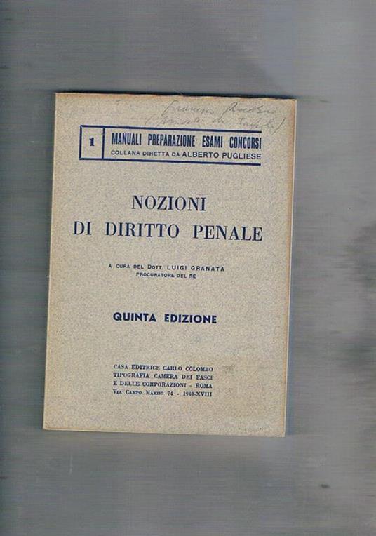 Nozioni di diritto penale. Quinta edizione coll. manuali per esami e concorsi - copertina