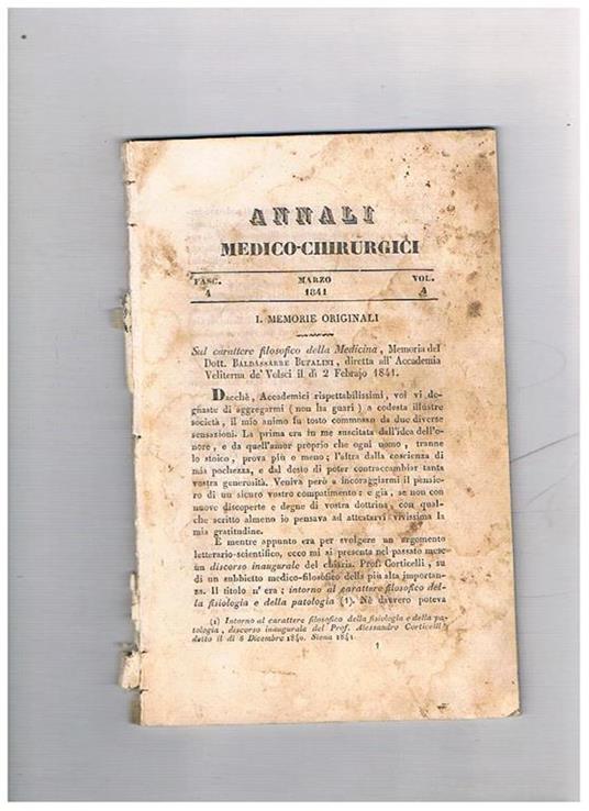 Annali medico-chirurgici, anno 1841, vol. 4, fasc. 4° di marzo. Contiene: Nota sul giusto valore dei criteri che la Chimica possiede e può somministrare alla Medicina legale per assicurarsi se le macchie sospette sieno veramente di sangue umano Storia del - copertina