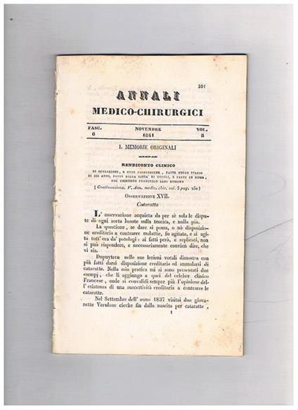 Annali medico-chirurgici, anno 1841, vol. 5°, fasc. 6° di novembre. Contiene: Epidemia vajolosa osservata in Tolentino Sulle gastropatie nervose Igiene pubblica dei mali sì morali, che fisici derivanti dall'abuso del vino e degli alcoolici liquori, e dei - copertina