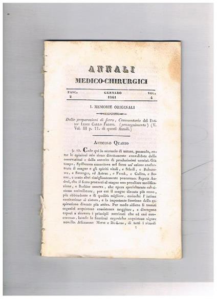 Annali medico-chirurgici, anno1841, vol. 4, fasc. 2° di gennaro. Contiene: Dichiarazione del Prof. Ottaviani sulla febbre puerperale Storie e osservazioni sulla Porpora emorragica Presenza del fluoro, e del potassio nell'acqua termale di Canino di Luigi B - copertina