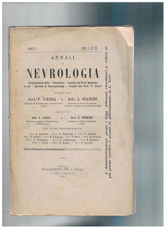 Annali di nevrologia anno X fasc. 1-3, continuazione dell Psichiatria e del guornale di neuropatologia. Studio clinico e sperimentale sull'azione del succo testicolare di un caso di follia simpatica post-connubiale la cura dell'epilessia col borato di sod - Raffaello Vizioli - copertina