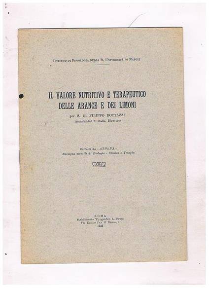 Il valore nutritivo e terapeutico delle arance e dei limoni. Estratto - Filippo Bottazzi - copertina