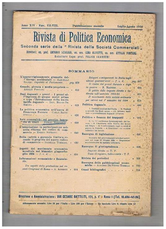 Rivista di politica economica. Fasc. VII-VIII lug-ago 1924. L'approvvigionamento granario dell'Europa occidentale la politica economica nell'opera di Francesco Ferrara note economiche sul prestito bancario ecc - Antonio Scialoja - copertina