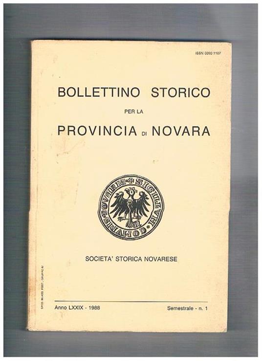 Bollettino storico per la provincia di Novara semestrale anno 1988 - copertina