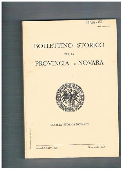 Bollettino storico per la provincia di Novara, anno LXXXIV. 1993, semestrale n. 2 - copertina