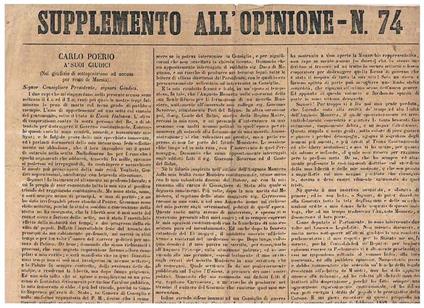 Supplemento all'opinione n° 74 del 1850. Che riguarda uno scritto di carlo Poerio à suoi giudici (nel giudizio di sottoposizione ad accura per reato di lesa maestà) - copertina