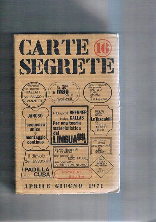 Carte segrete. Rivista trimestrale di lettere ed arti. N° 16 apr-giu. 1971 - copertina