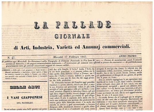 La Pallade giornale di arti, industria, varietà ed annunzj commerciali. Si pubblica ogni mercoledi. N° del 17 febbraro 1847 - copertina