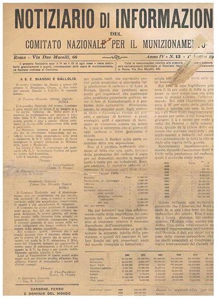 Notiziario di Informazioni del comitato nazionale per il munizionamento. Anno IV n° 13 del 1 luglio 1918 - P. Lanino - copertina