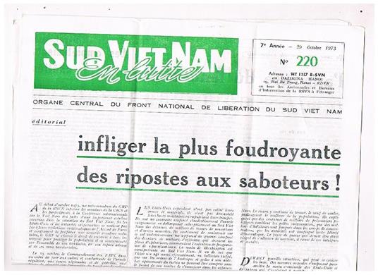 Sud Viet Nam en Lutte. Organe central du front national de liberation du Sed Viet Nam n° 220 del 29 octpbre 1973. Testo in francese, contiene: - copertina