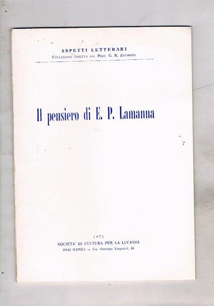 Il pensiero di E. P. Lamanna. Da Aspetti Letterari collana diretta dal prof. G. R. Zitarosa - copertina