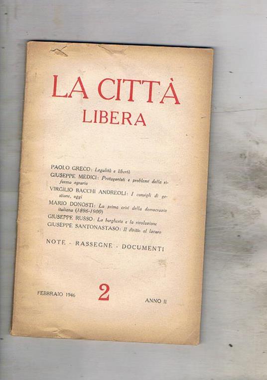 La città libera anno 2° n° 2 febb. 1946 - copertina