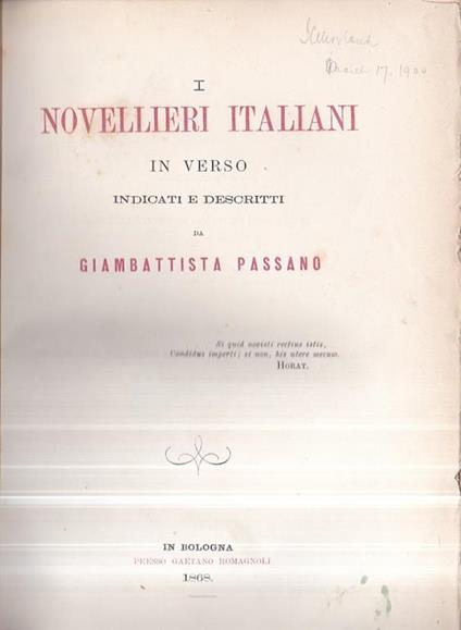 I novellieri italiani in verso indicati e descritti - Giambattista Passano - copertina
