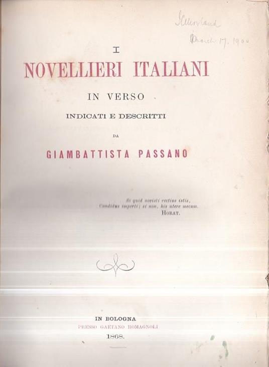 I novellieri italiani in verso indicati e descritti - Giambattista Passano - copertina