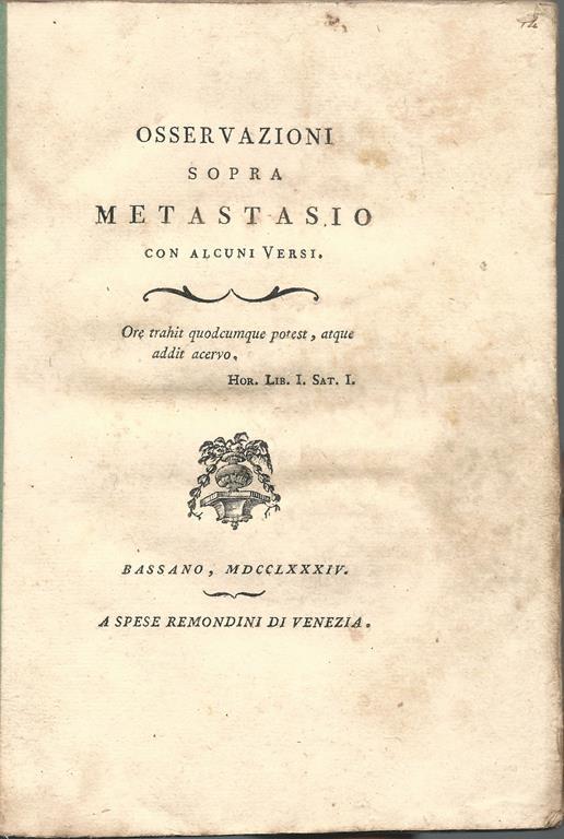 Osservazioni sopra Metastasio con alcuni versi, - Aurelio Bertola dè Giorgi - copertina