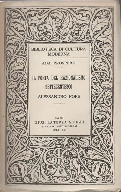 Il poeta del razionalismo settecentesco. Alessandro Pope - Ada Prospero - copertina