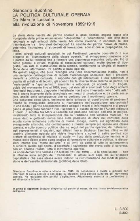 La politica culturale operaia. Da Marx e Lassalle alla rivoluzione di Novembre 1859-1919 - Giancarlo Buonfino - 2