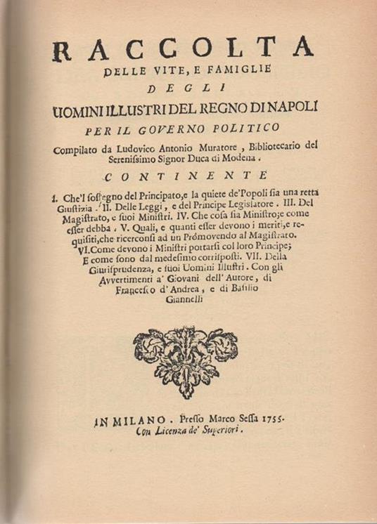 Raccolta Delle Vite, E Famiglie Degli Uomini Illustri Del Regno Di Napoli Ristampa Anastatica Del Testo Del 1755.(X011) - Lodovico Antonio Muratori - copertina