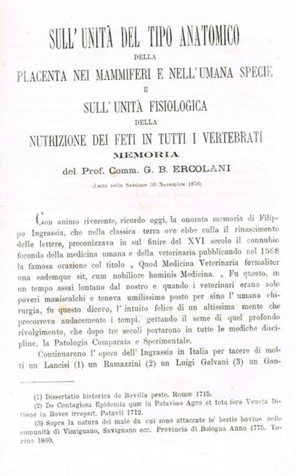 Sull'unità del Tipo Anatomico della placenta nei mammiferi e nell'umana specie e sull'unità fisiologica della nutrizione dei feti in tutti i vertebrati - copertina