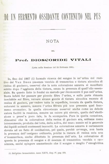 Di un fermento ossidante contenuto nel pus - Dioscoride Vitali - copertina