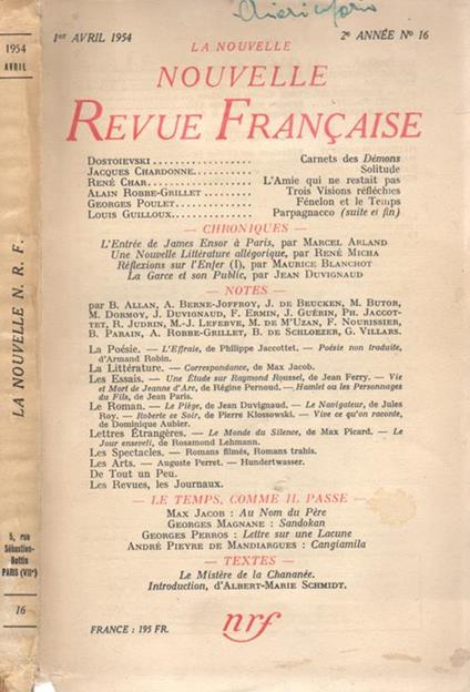 La nouvelle revue francaise. 2° année N. 16, avril 1954 - copertina