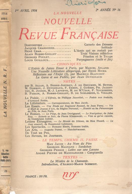 La nouvelle revue francaise. 2° année N. 16, avril 1954 - copertina