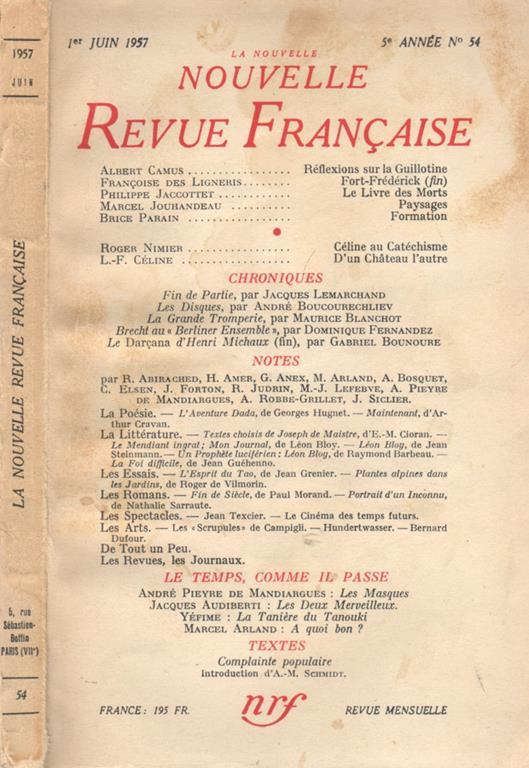 La nouvelle revue francaise. 5° année n. 54, juin 1957 - copertina