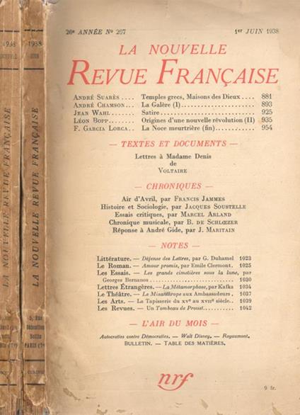 La nouvelle revue francaise. 1938, nn. 297-301 - copertina