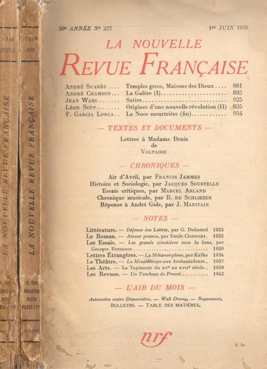 La nouvelle revue francaise. 1938, nn. 297-301 - copertina