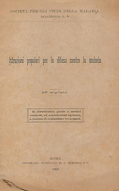 Società per gli studi della malaria: Bullettino n. 6 - Istruzioni popolari per la difesa contro la malaria - copertina