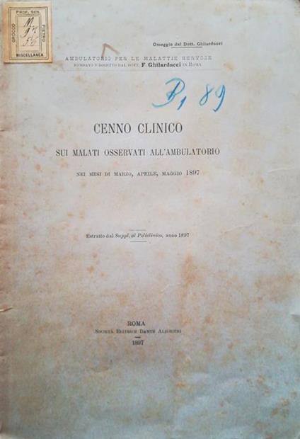 Cenno clinico sui malati osservati all'ambulatorio nei mesi di Marzo, Aprile, Maggio 1897 - copertina