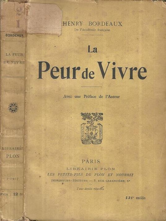 Le Peur de vivre - Henry Bordeaux - copertina