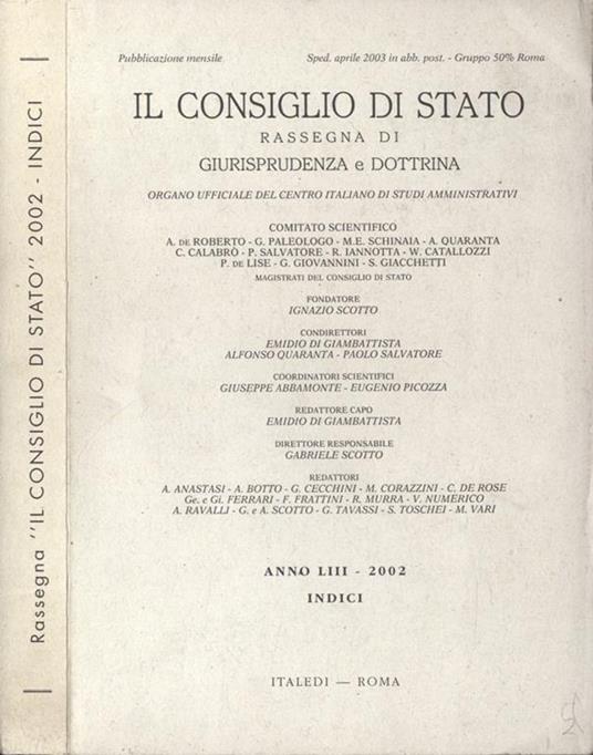 Il Consiglio di Stato - Indici. Rassegna di giurisprudenza e dottrina - copertina